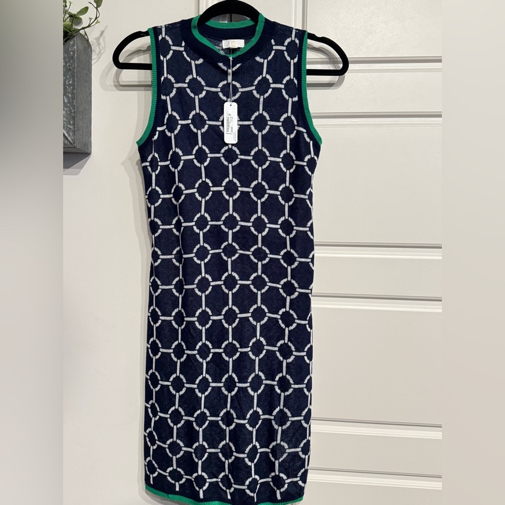 NWT. Charming Charlie Navy and White Striped Sweater Dress w/ Green Hem.